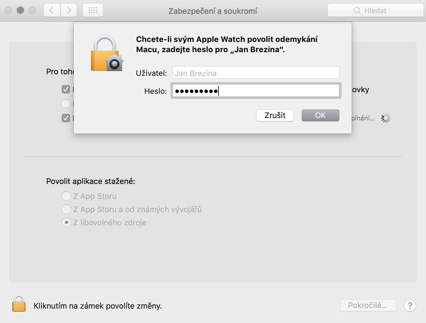 Odemkání Macu pomocí Apple Watch